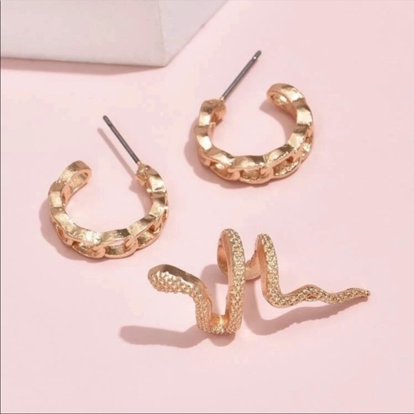 3 PIECE CHAIN LINK HOOP EARRINGS WITH SNAKE CUFF - Picture 3 of 5